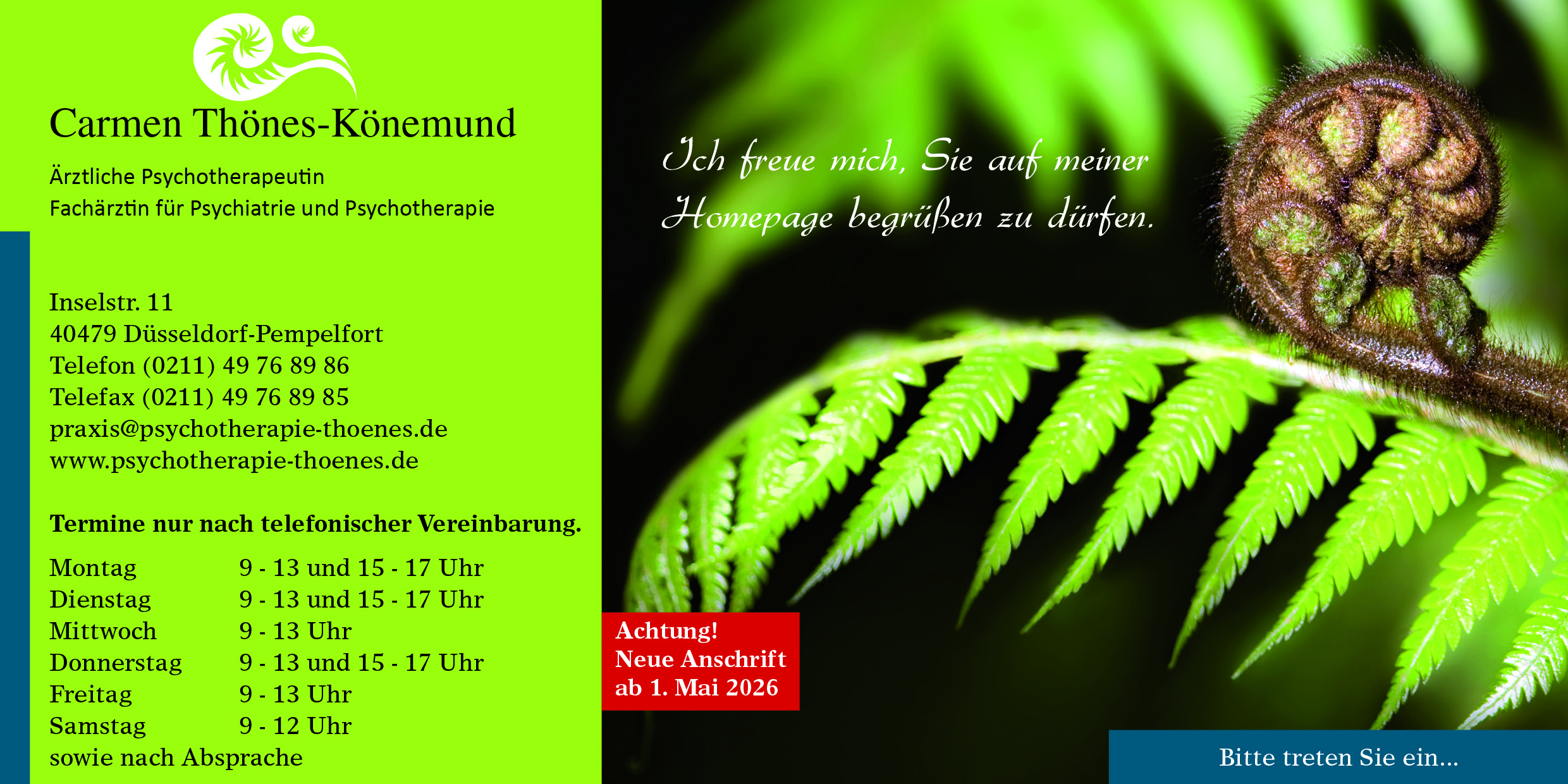 Carmen Th�nes-K�nemund, �rztliche Psychotherapeutin, Fach�rztin f�r Psychiatrie und Psychotherapie, Allendenweg 43, 40221 D�sseldorf. Volmerswerth