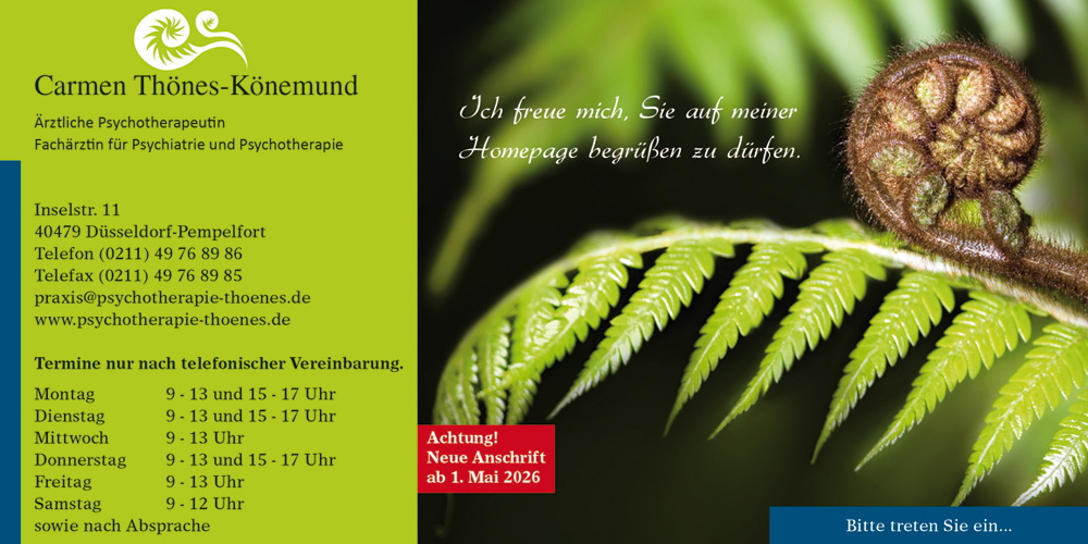 Carmen Th�nes-K�nemund, �rztliche Psychotherapeutin, Fach�rztin f�r Psychiatrie und Psychotherapie, Inselstr.11 , 40221 D�sseldorf. Volmerswerth